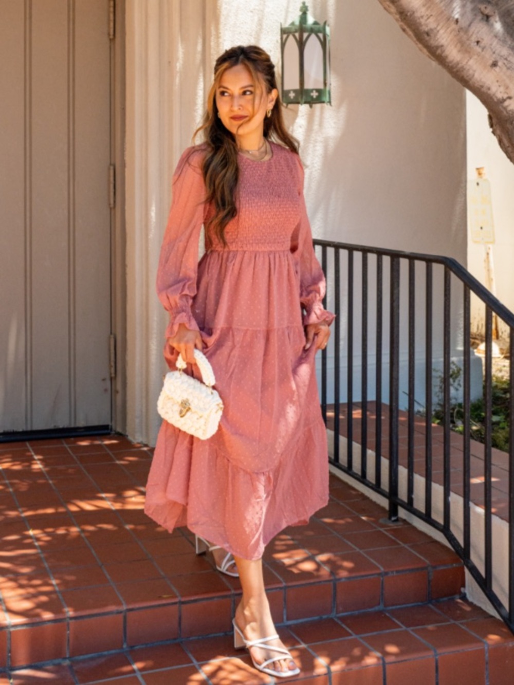 MEROKEETY LONG SLEEVE CREWNECK SWISS DOT SMOCKED MAUVE MIDI DRESS